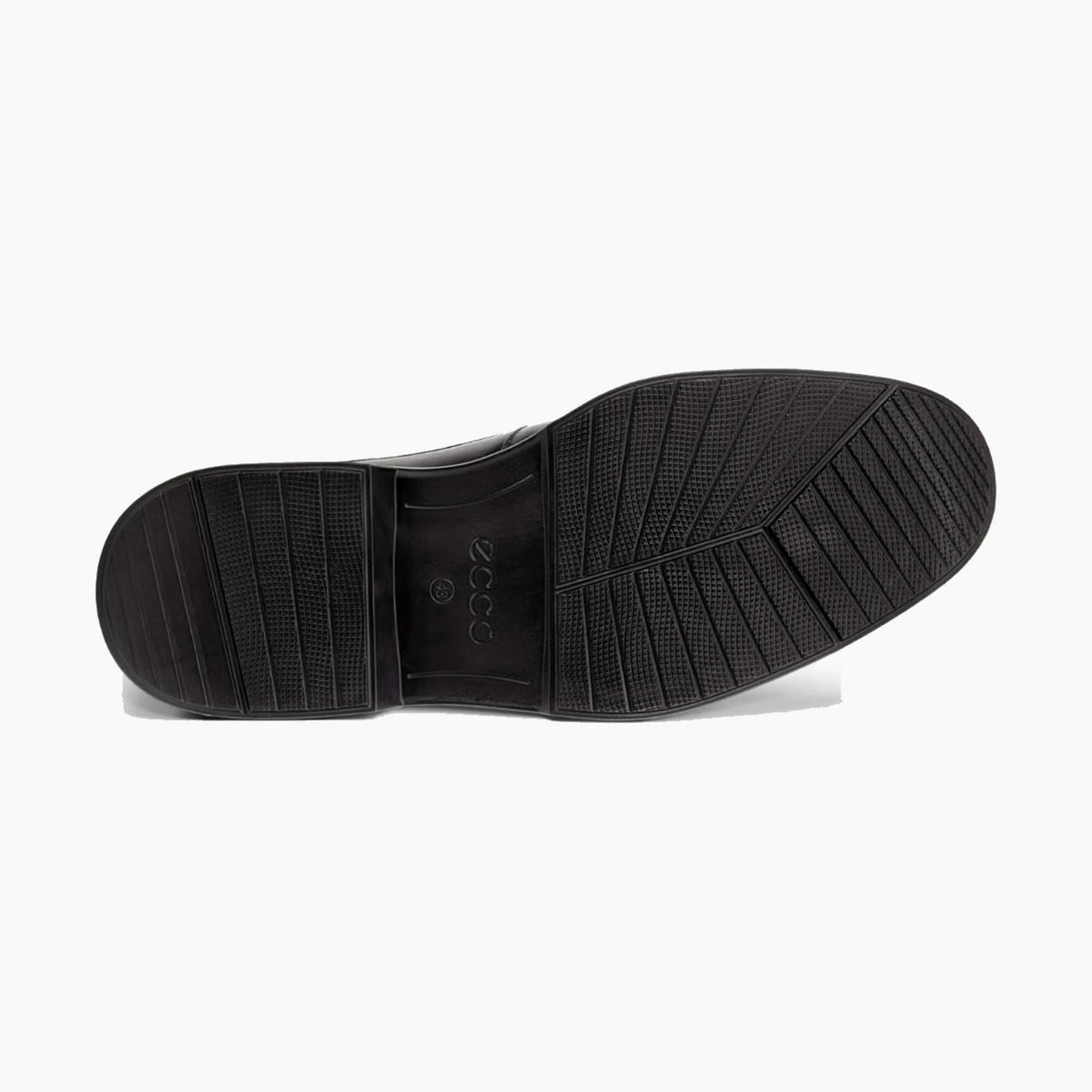 The black rubber outsole of a dress shoe, showing the tread pattern and embossed 'ecco' brand logo, photographed from a top-down perspective on a white background.