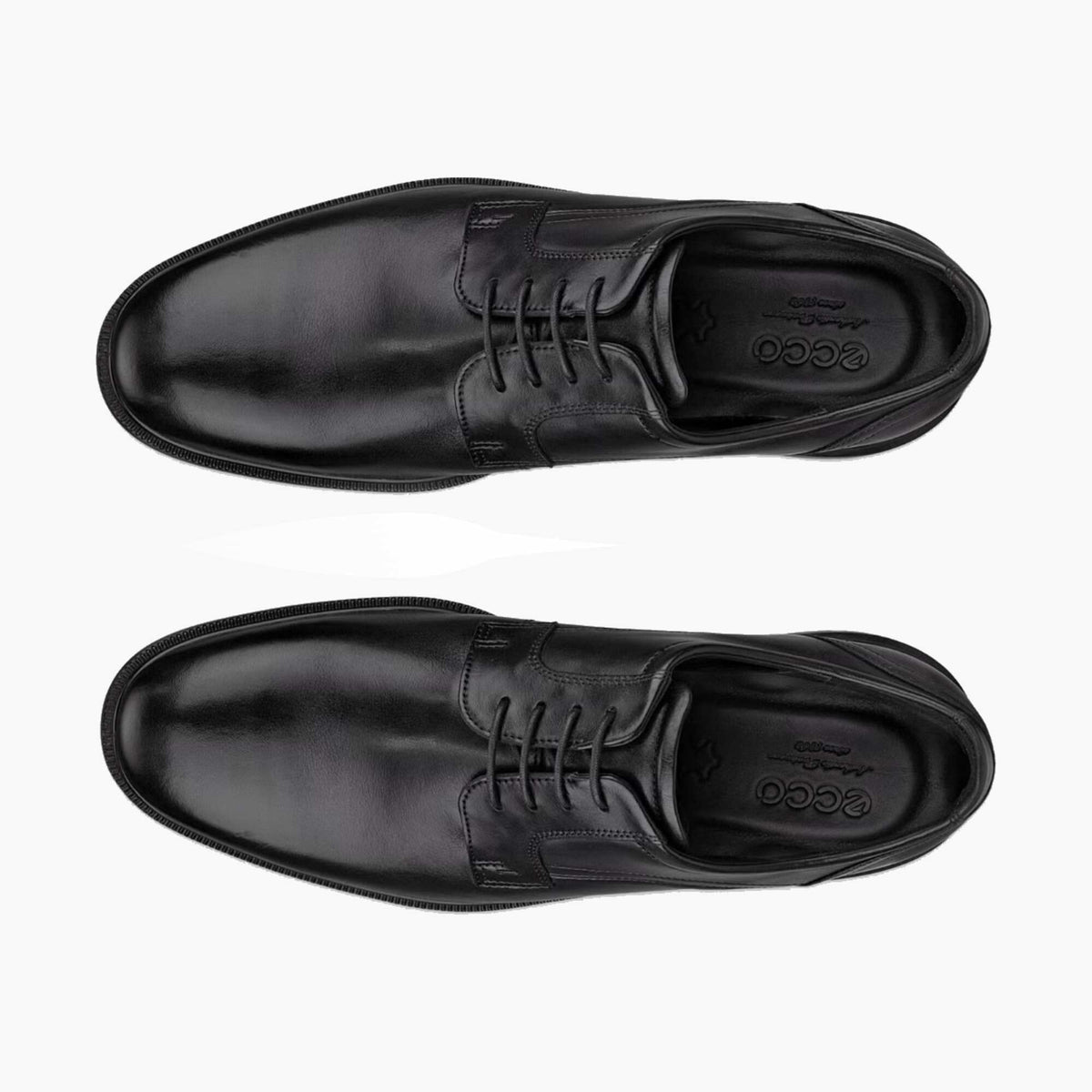 A pair of black leather lace-up dress shoes shown from a top-down view on a light gray background.