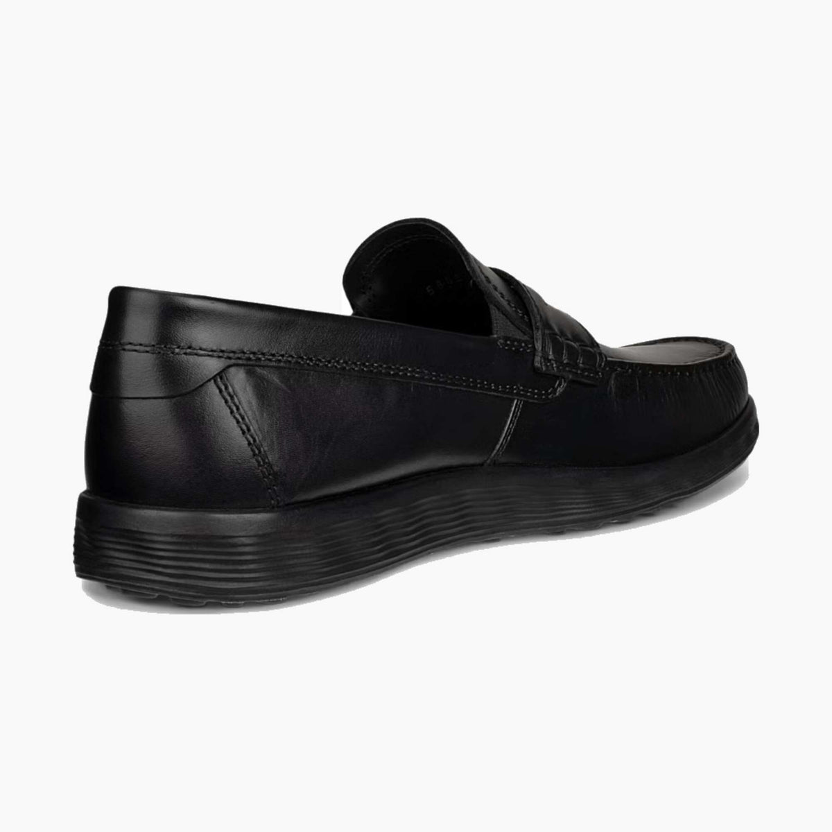 A single black leather slip-on loafer shown from a three-quarters rear angle on a light gray background.