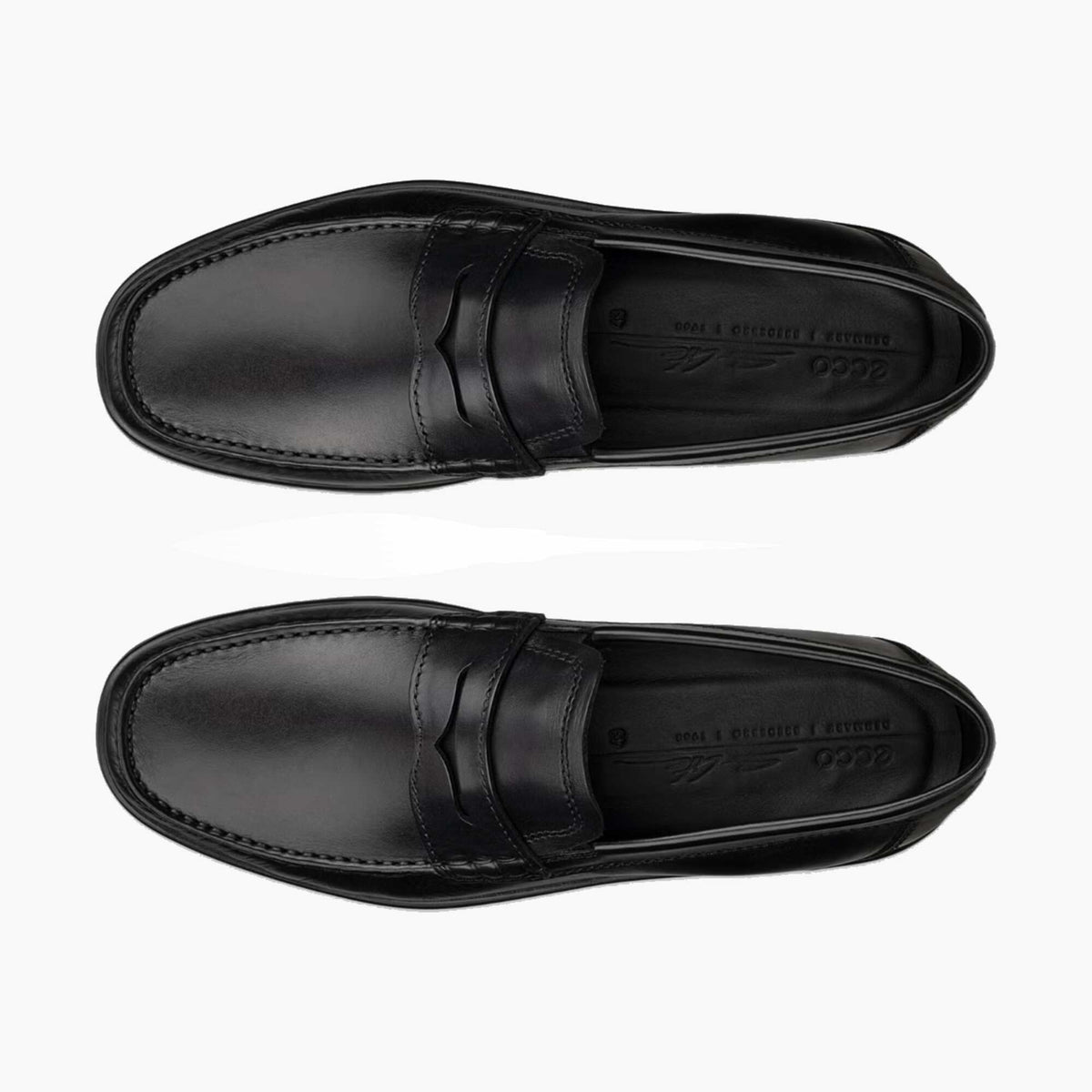 A pair of black leather penny loafers shown from the top on a clean white background.