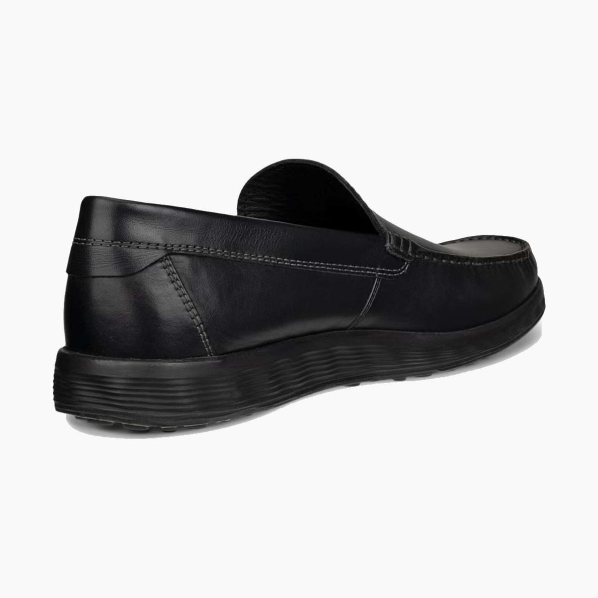 A single black slip-on loafer shoe shown from a three-quarters rear angle on a light gray background.