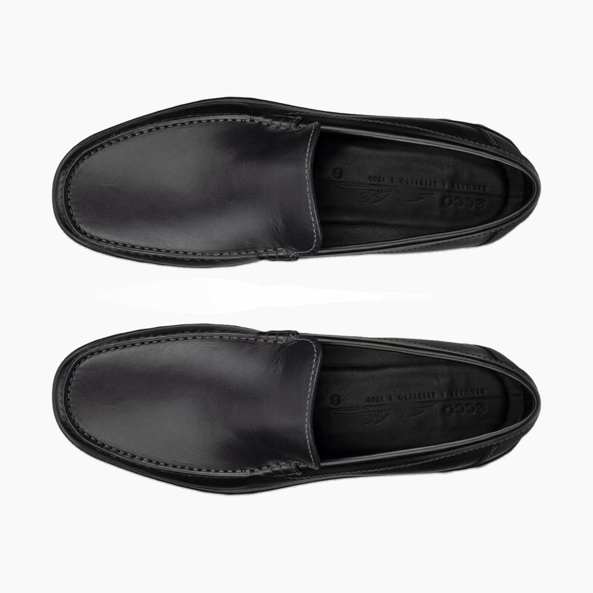 A pair of black leather slip-on loafers shown from a top-down view on a clean white background.