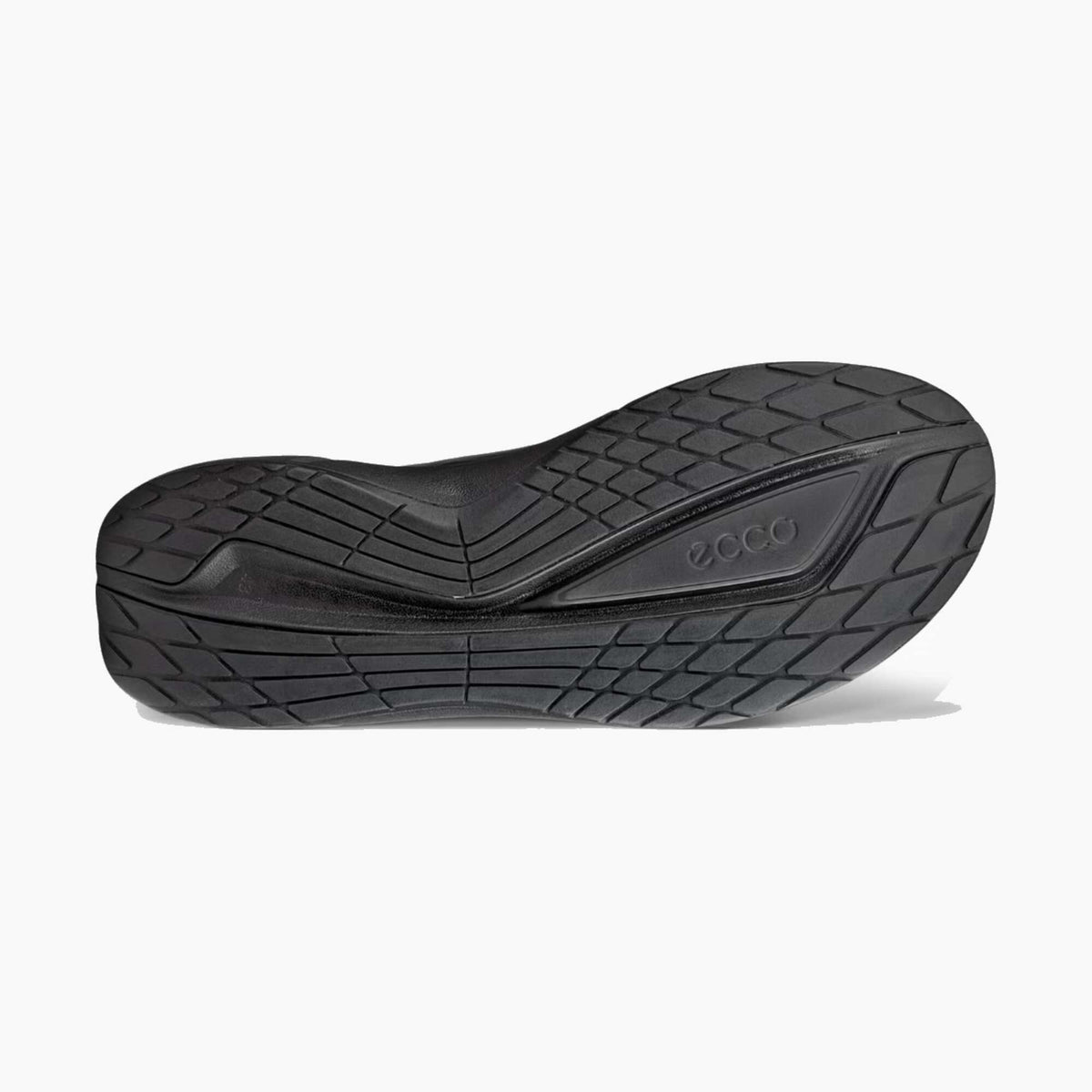 A black rubber shoe sole with a textured tread pattern and the embossed brand name 'ecco' visible on the side, shown against a plain white background.