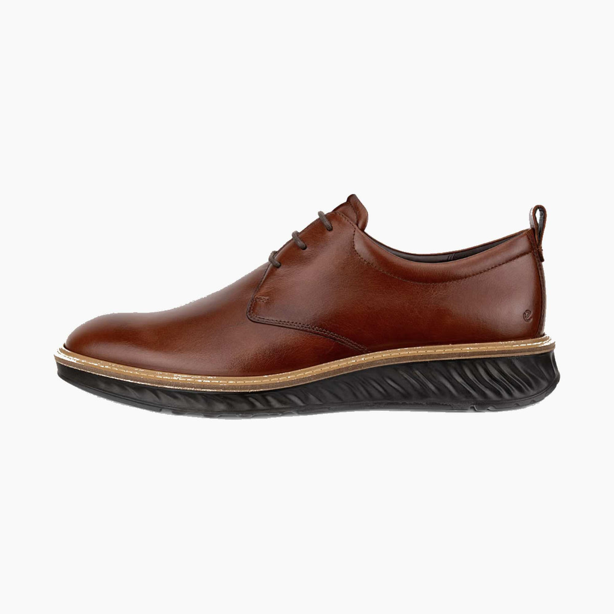 A brown leather lace-up dress shoe with a distinctive black ribbed sole and a thin tan midsole layer, shown in profile against a light gray background.