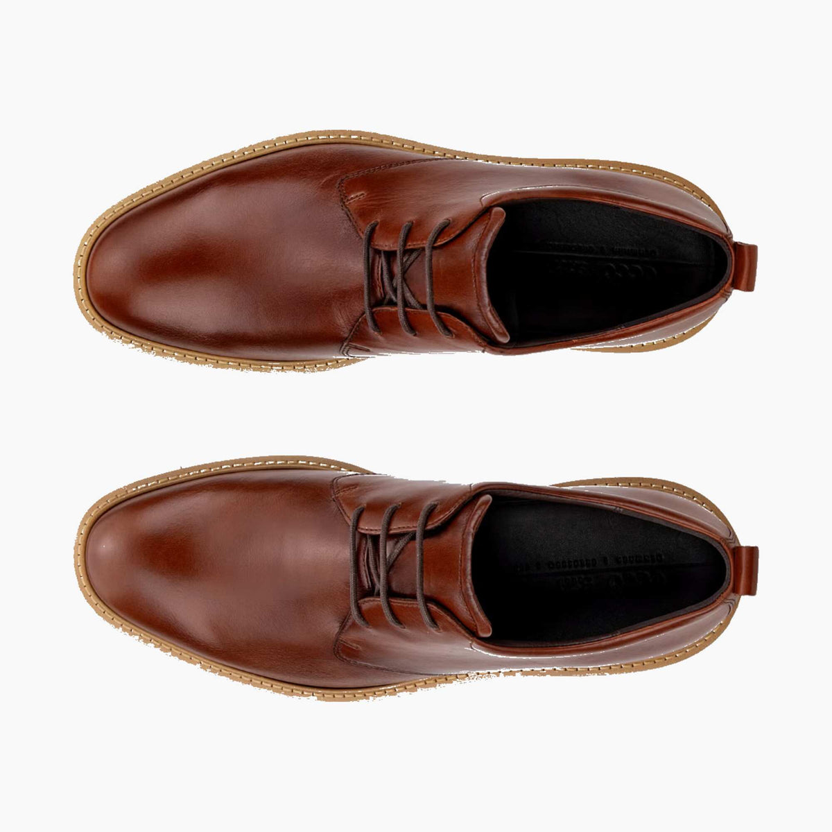 A pair of men's brown leather lace-up shoes shown from a top-down view on a clean white background.