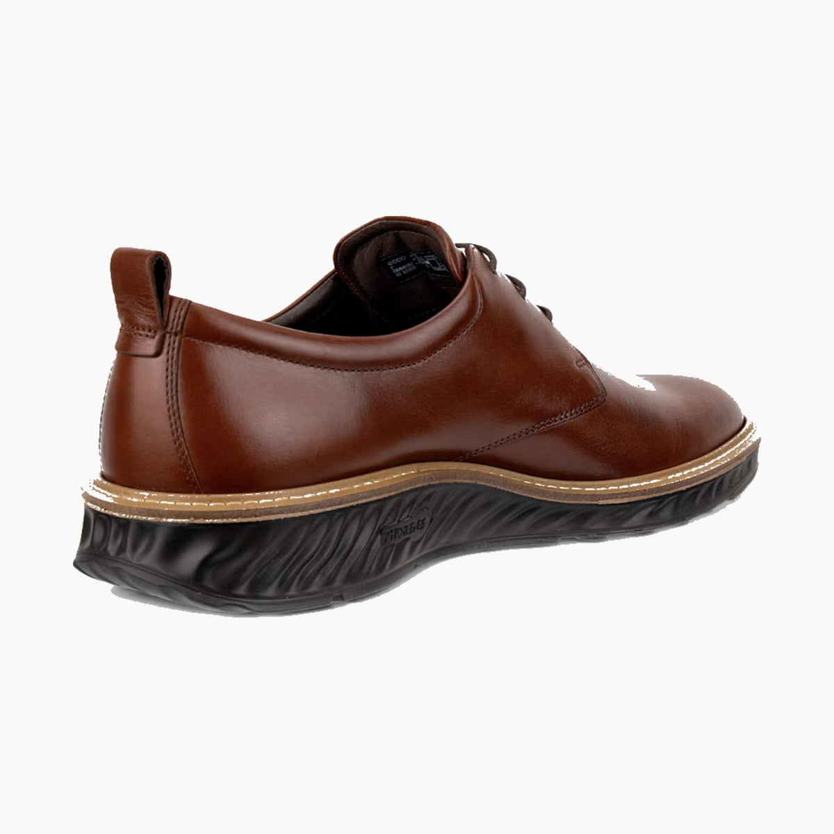 A brown leather lace-up shoe with a distinctive black textured sole and a tan welt, shown from a side-rear angle on a light gray background.