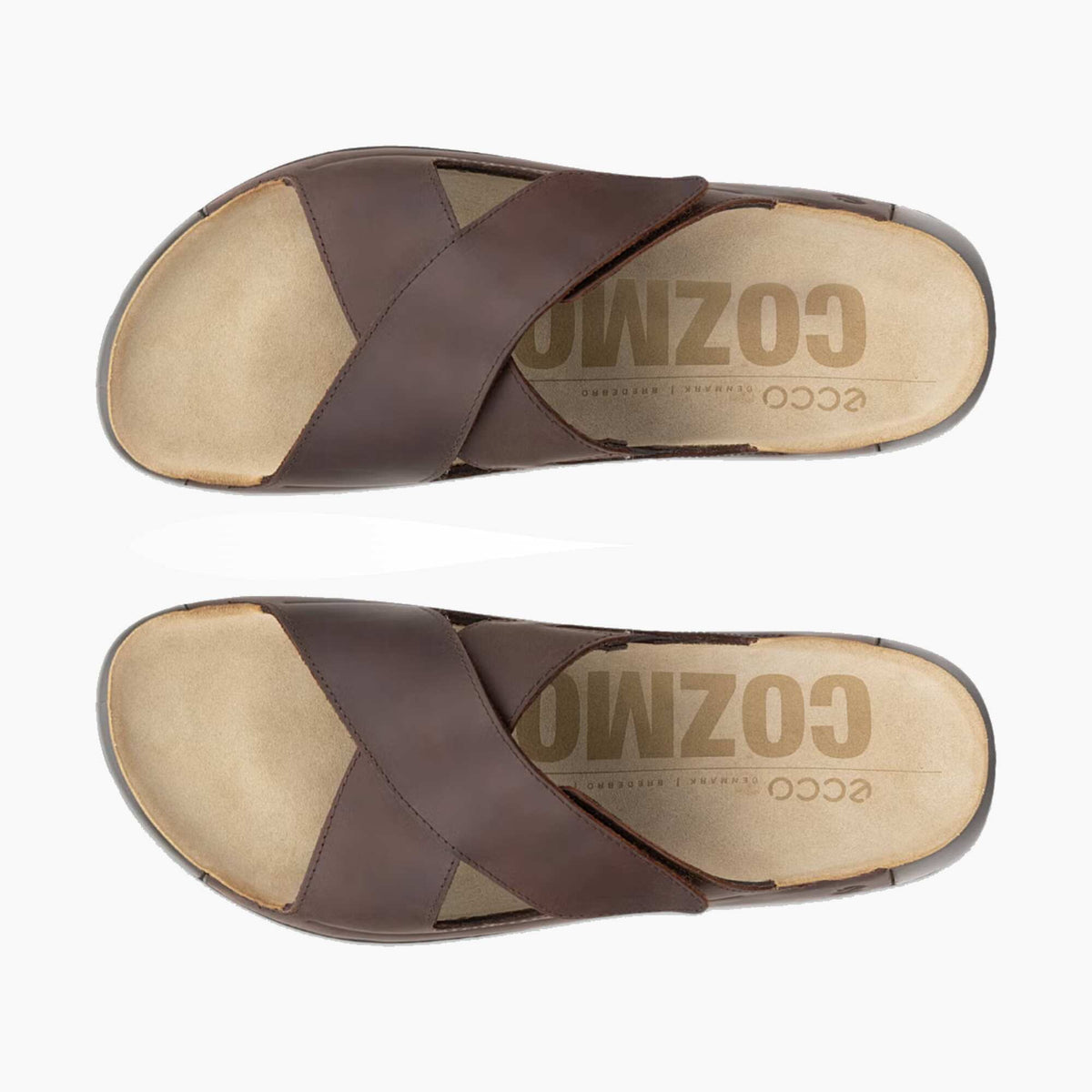 A pair of ECCO COZMO slide sandals shown from a top-down view on a clean white background. The sandals feature dark brown leather straps and a tan/beige contoured footbed with the brand name 'ECCO' and model 'COZMO' printed on the insole.