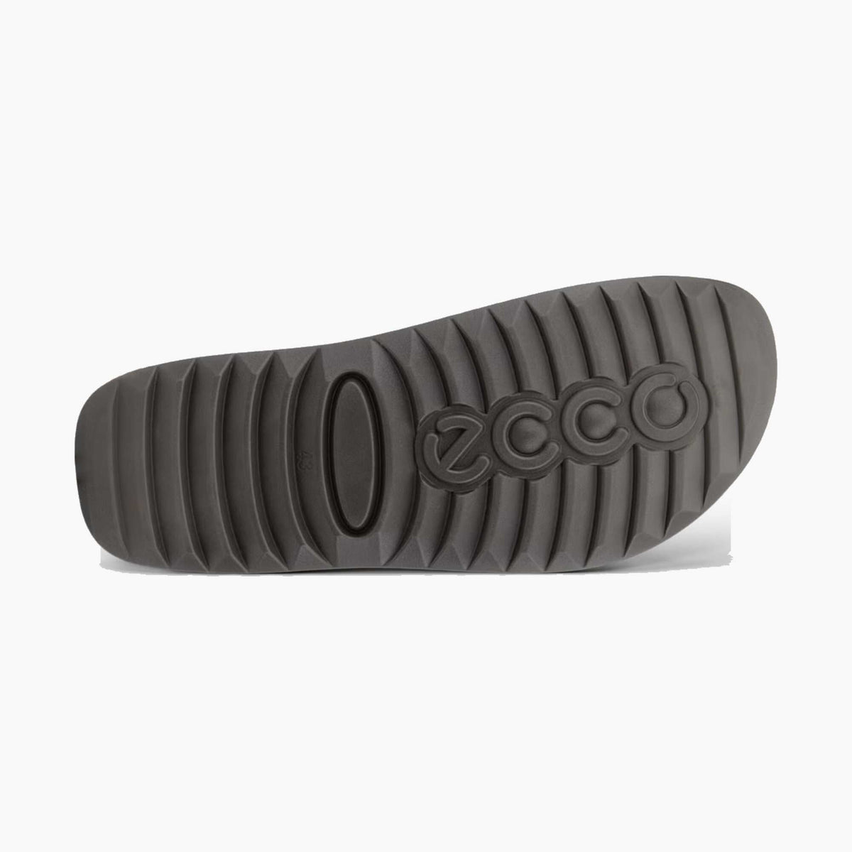 The dark gray rubber outsole of an Ecco shoe, featuring a ribbed tread pattern and the embossed 'ecco' logo, shown against a plain white background.