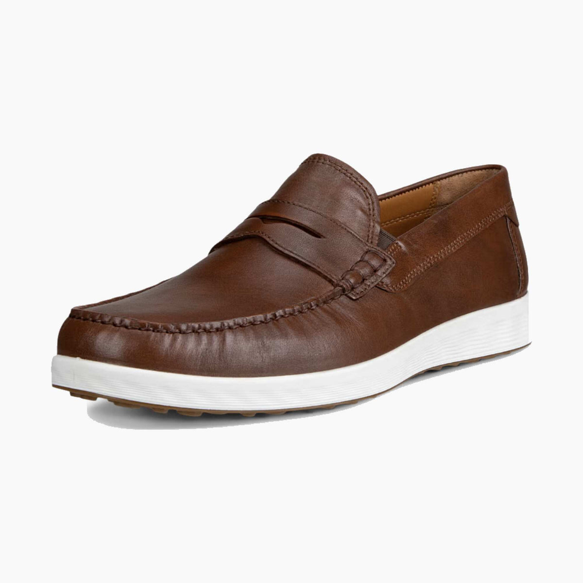 A brown leather penny loafer slip-on shoe with a thick white sole, shown from a three-quarters angle on a light gray background.
