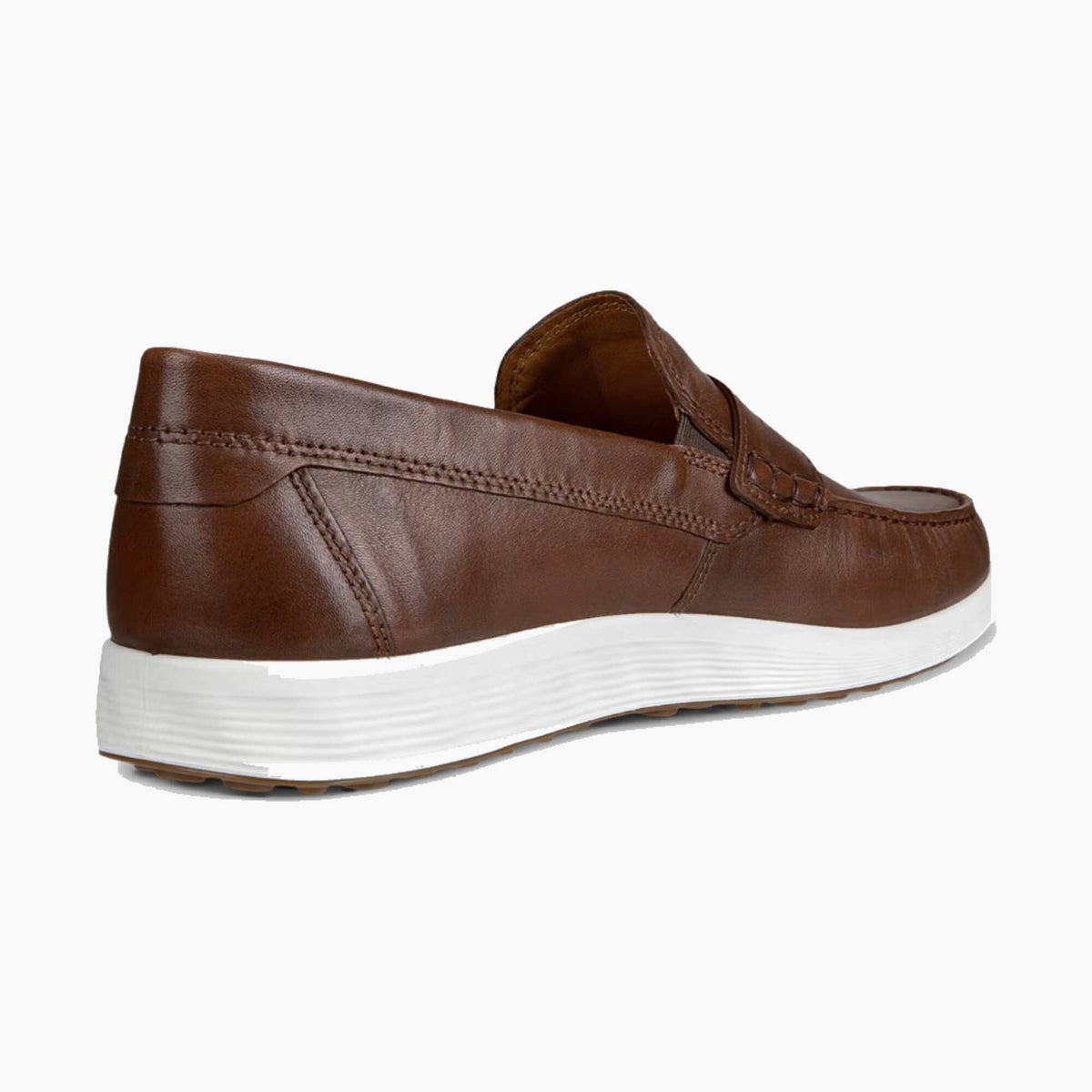 A brown leather slip-on loafer shoe with a thick, textured white sole, shown from a three-quarters rear angle on a light gray background.