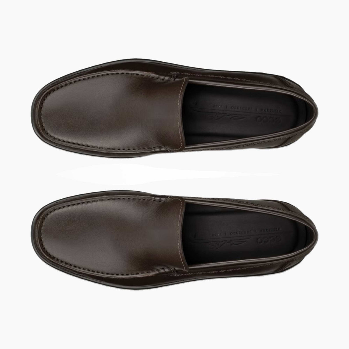 A pair of dark brown leather slip-on loafers shown from a top-down view on a light gray background.