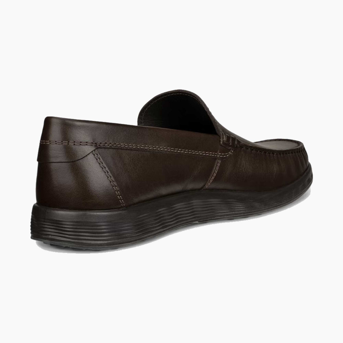 A dark brown leather slip-on loafer shown from a three-quarters rear angle against a plain white background.