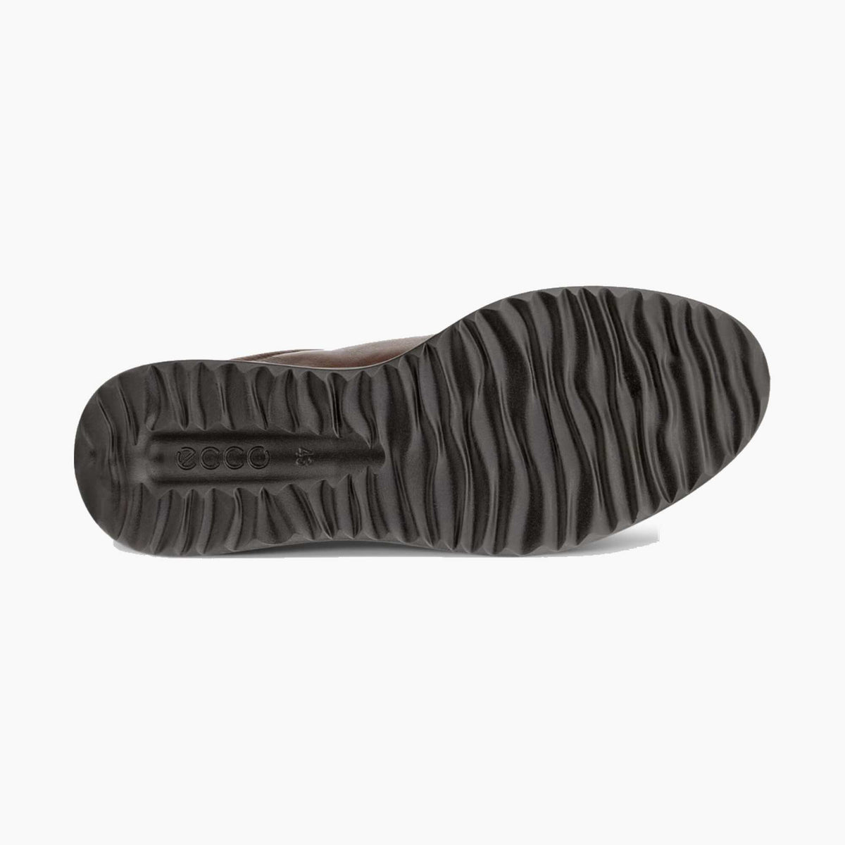 A close-up view of a dark brown shoe sole, showing its textured tread pattern and embossed brand name, on a clean white background.