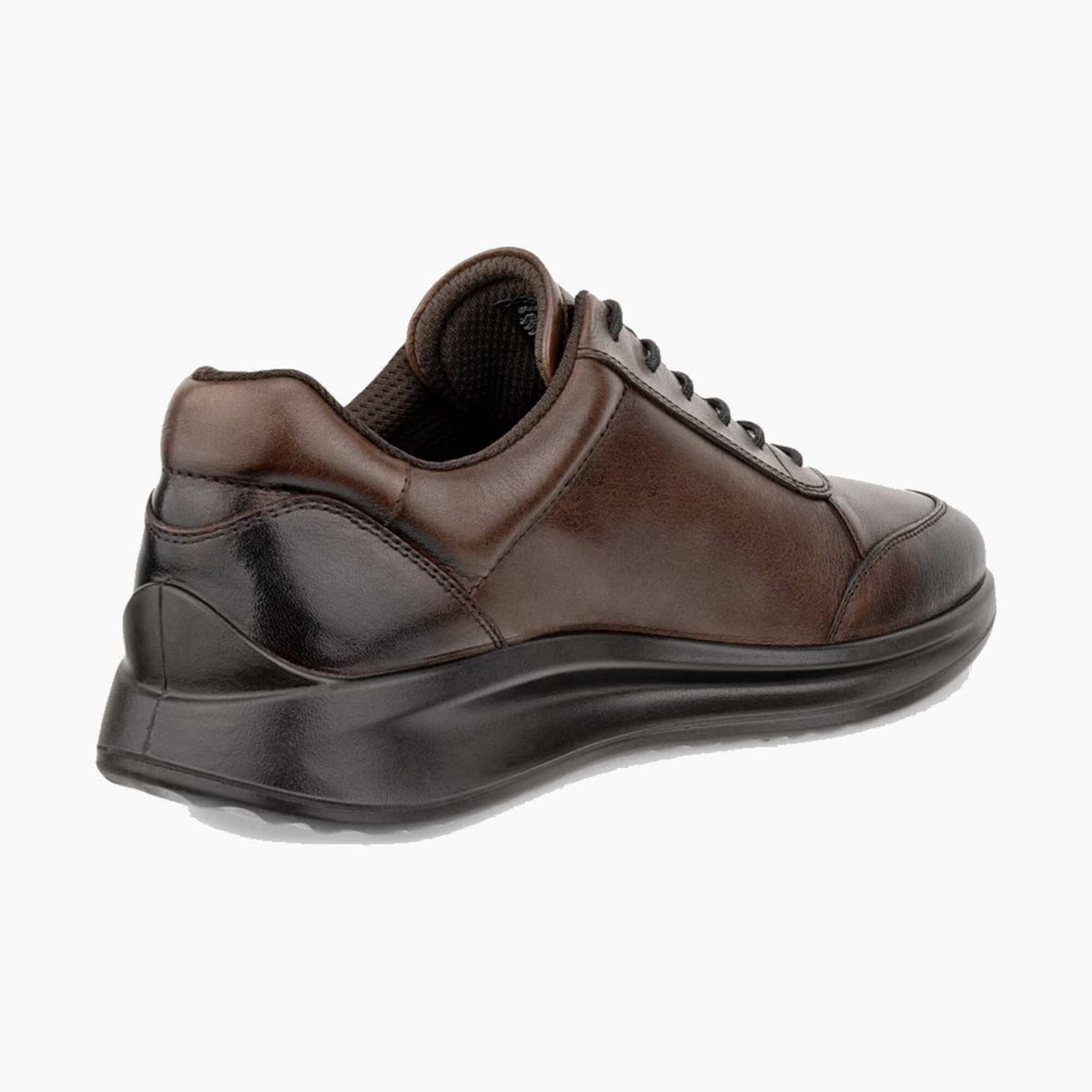 A dark brown leather low-top sneaker with a thick black platform sole, shown from a three-quarters angle on a light gray background.