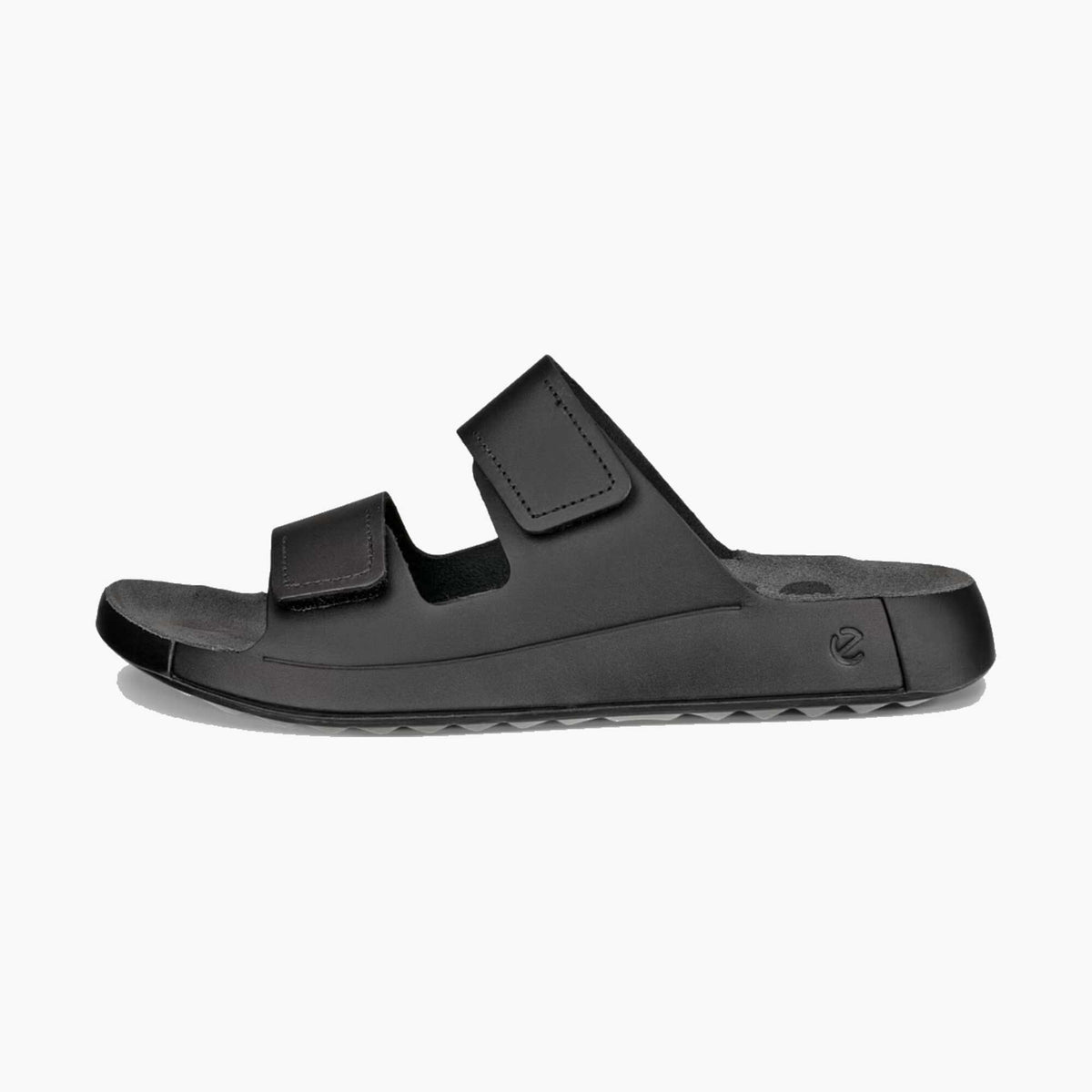 A black double-strap slide sandal with a molded footbed and sole, shown in a side profile view against a light gray background.