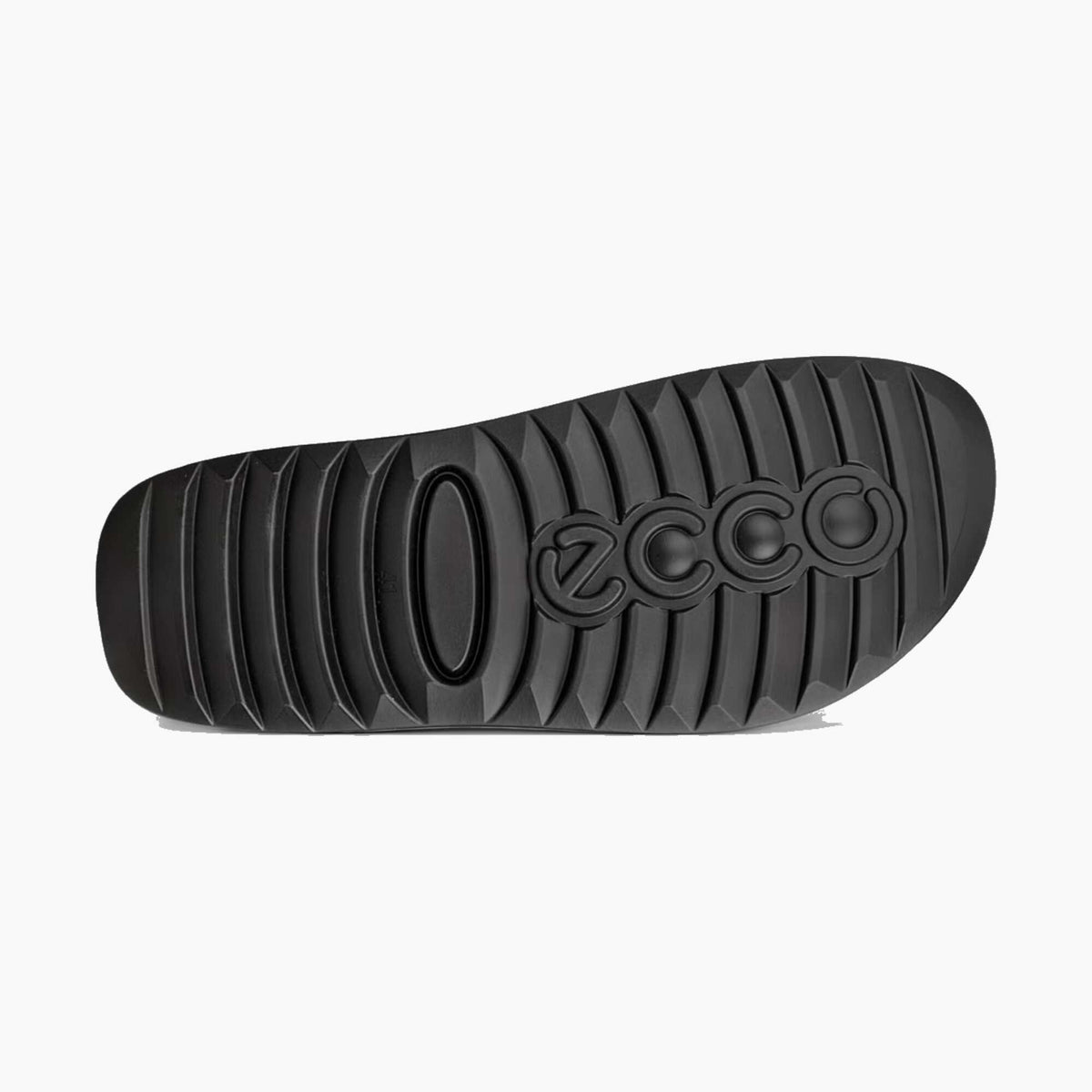 The black rubber outsole of a slide sandal, featuring a ribbed tread pattern and the embossed brand name 'ZCCO' on the heel, shown against a plain white background.