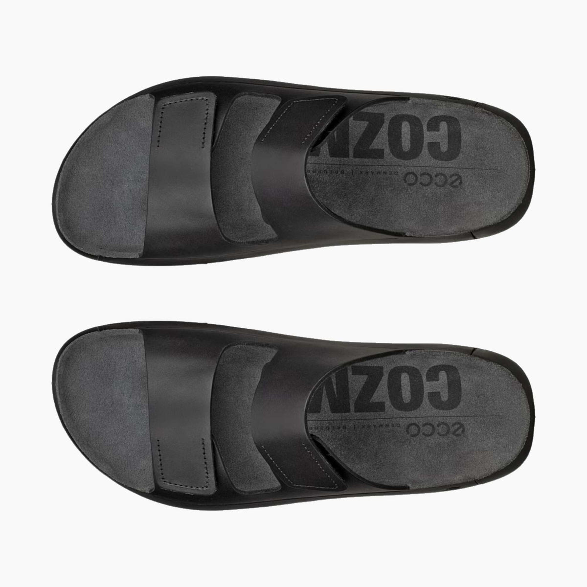 A pair of black slide sandals shown from a top-down view on a light gray background. The sandals feature wide straps and have the brand name 'COZO' printed on the footbed.