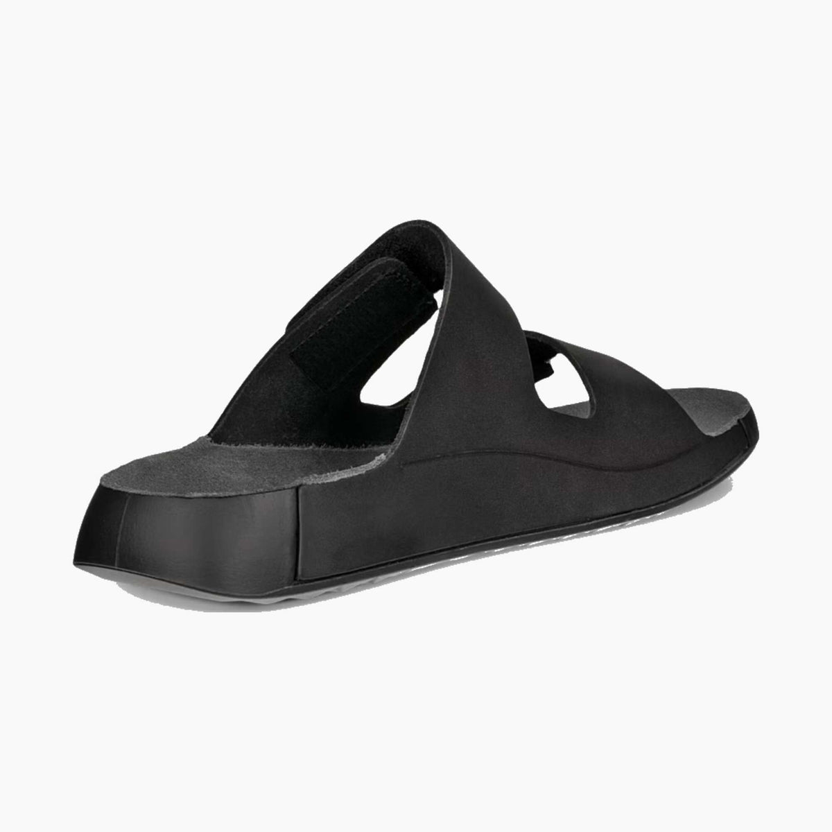 A black minimalist slide sandal with a wide strap and cutout design, shown from a side profile view on a light gray background.