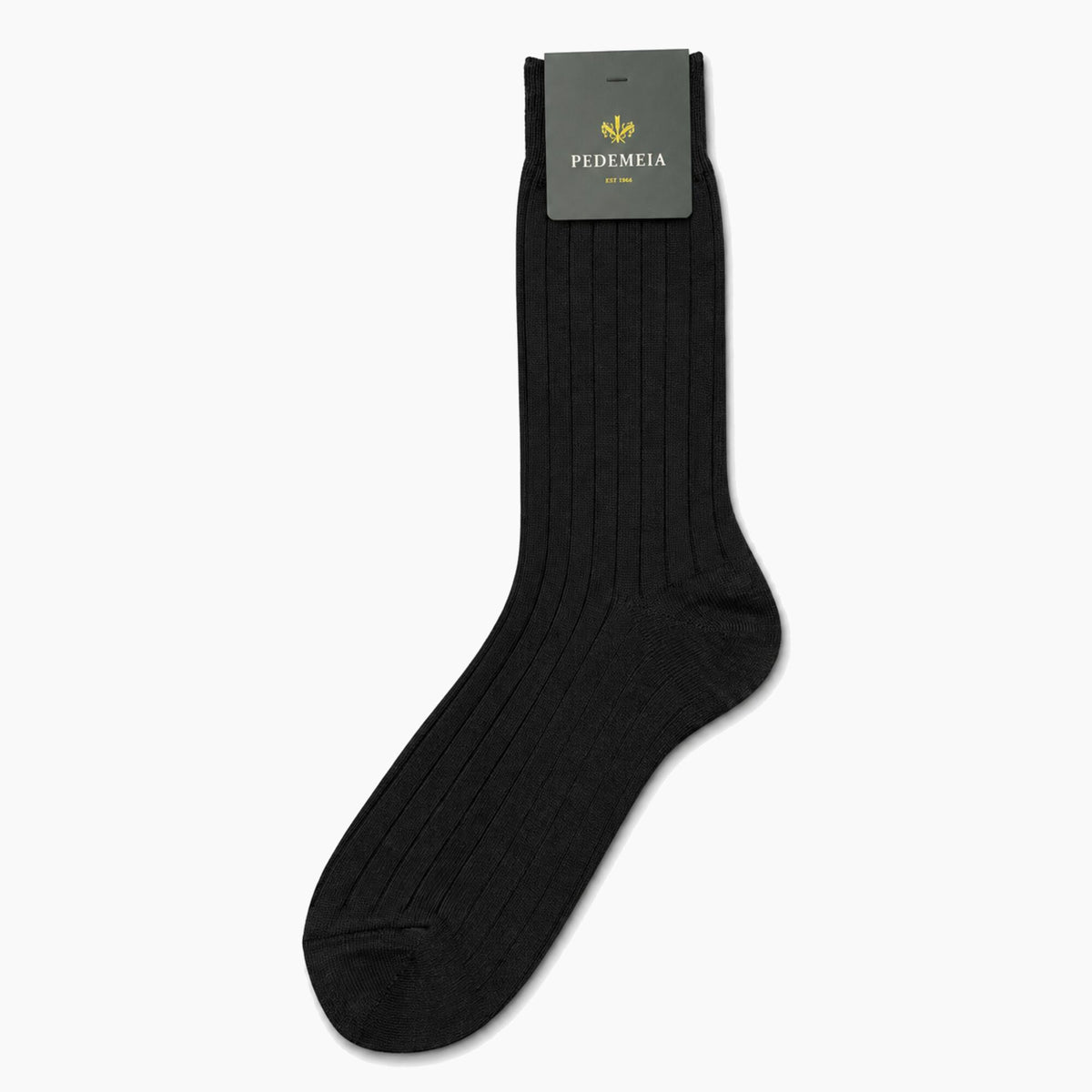 A single black ribbed crew sock with a dark gray brand tag at the cuff, displayed against a clean white background. The brand name 'PEDEMEIA' is visible on the tag.