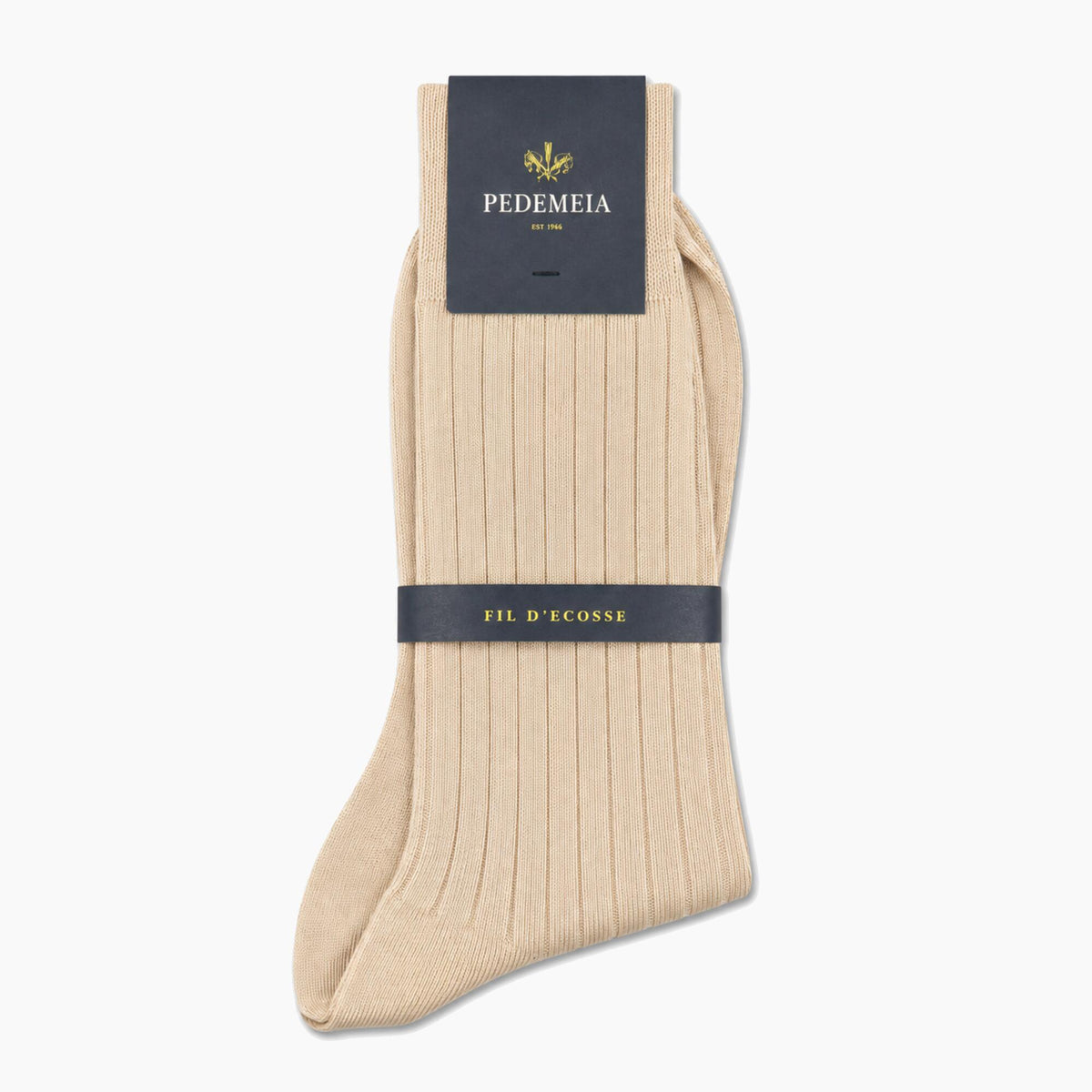 A single ribbed beige sock with a dark navy brand tag and a matching navy band reading 'FIL D'ECOSSE', shown on a clean white background.