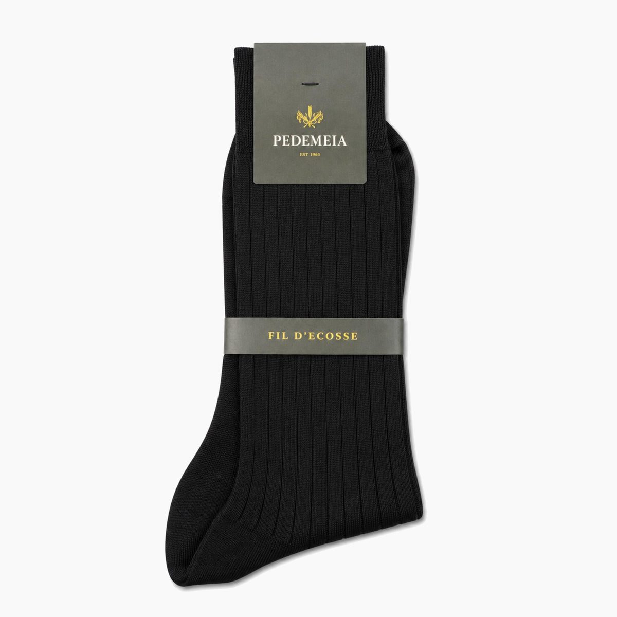 A single black ribbed sock with a gray paper header card and a matching gray band reading 'FIL D'ECOSSE', shown on a plain light background. The header card is branded 'PEDEMEIA'.