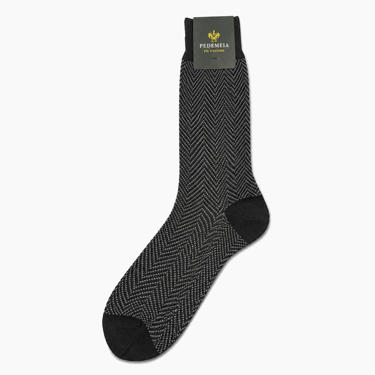 A single black and gray herringbone patterned dress sock with solid black toe and heel, featuring a dark gray brand label at the cuff.