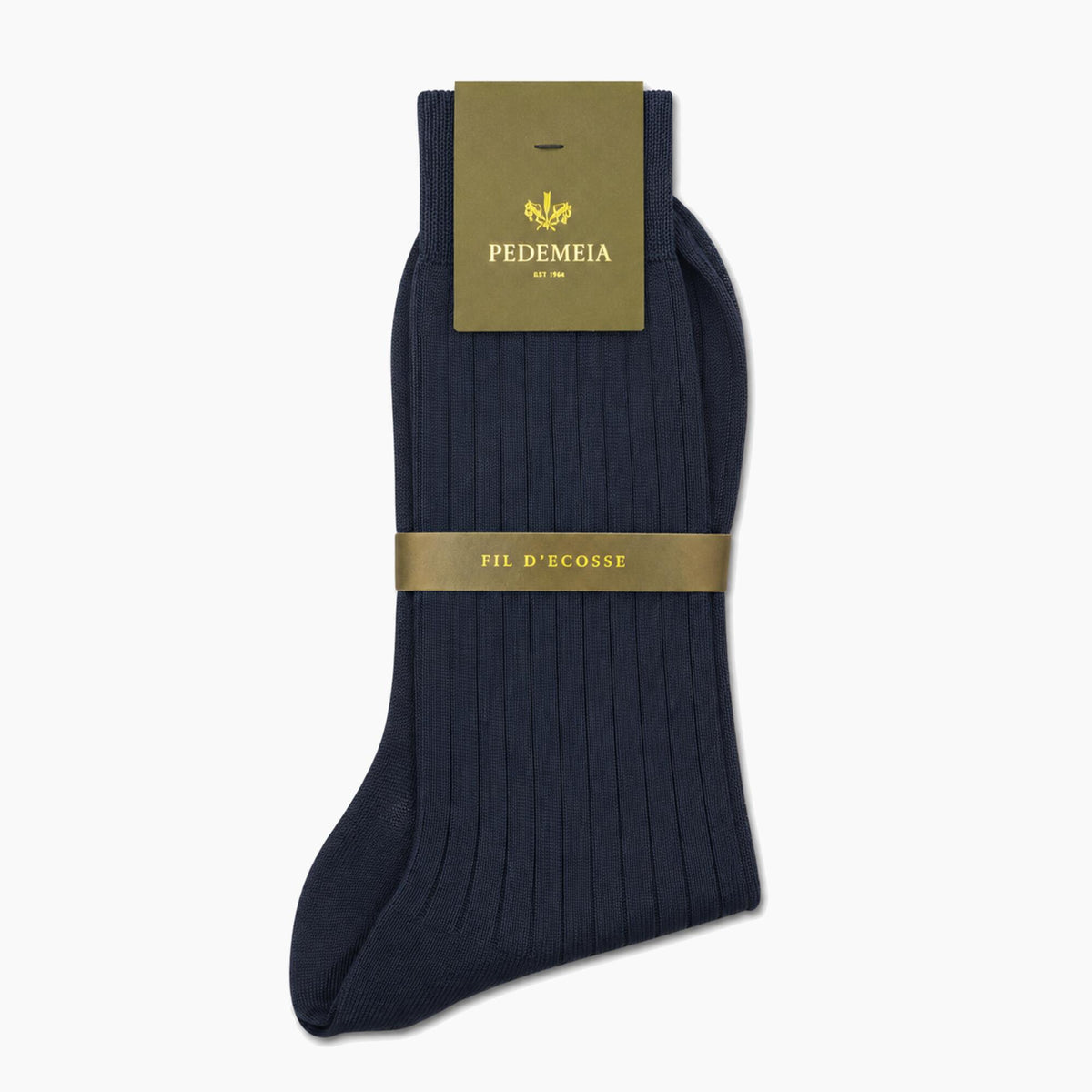 A single pair of dark navy ribbed crew socks with a gold paper brand label at the top and a gold band around the middle, shown on a plain light gray background.