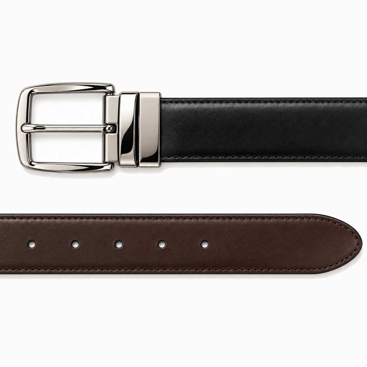 A close-up studio shot of a leather belt showing the polished silver-tone buckle and the dark brown strap against a clean white background.