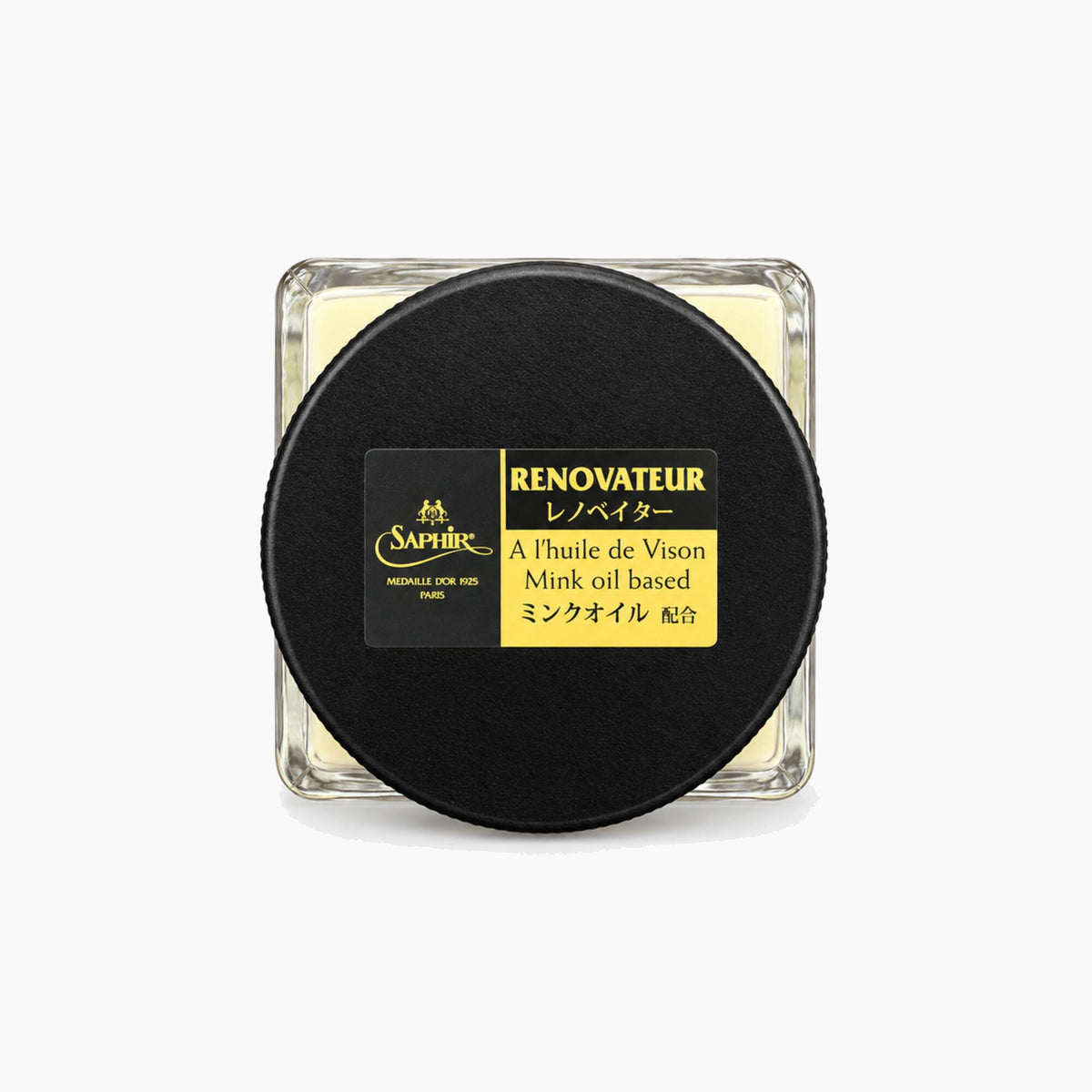 Saphiir Renovateur Mink Oil Based Hair Mask in a square glass jar with a black lid and a black and yellow label, set against a plain white background.