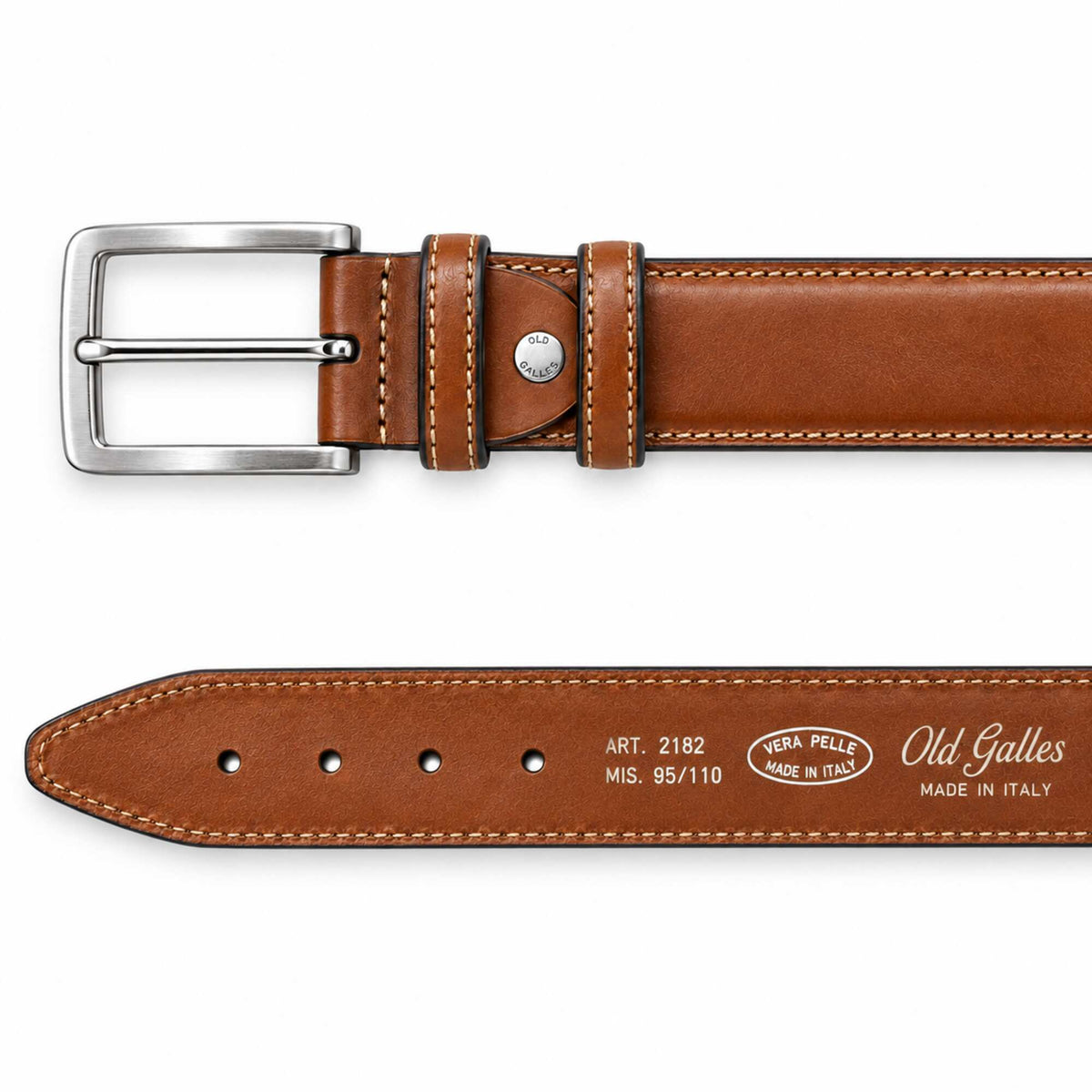 A brown leather belt shown from two angles: a close-up of the buckle and strap on the top, and the inner side with branding on the bottom, against a white background.
