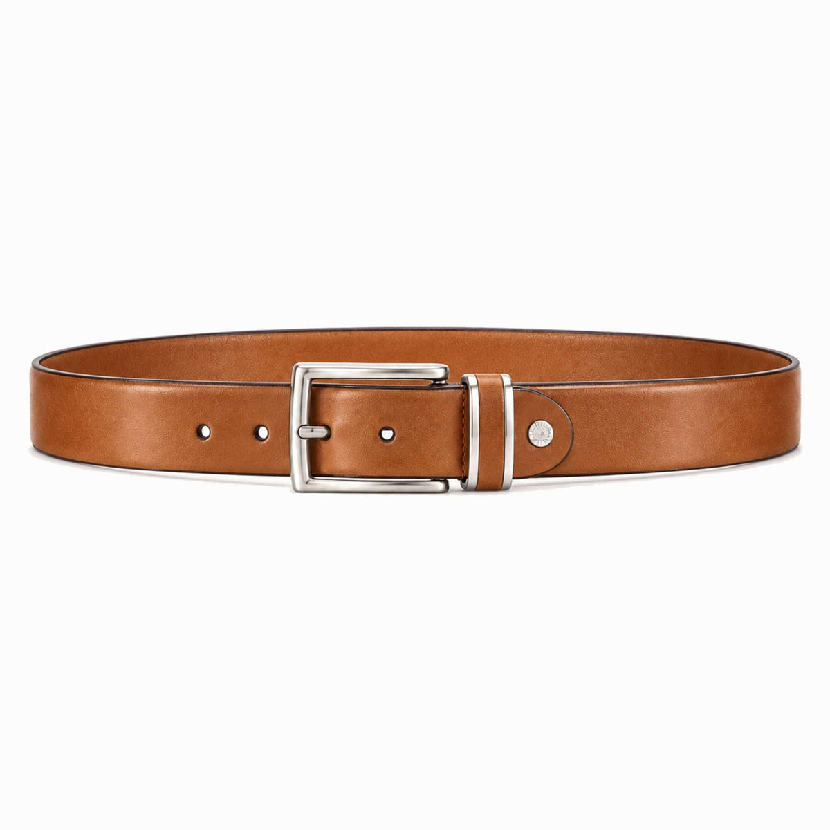 A classic tan leather belt with a polished silver-tone buckle, displayed in a horizontal loop on a clean white background.